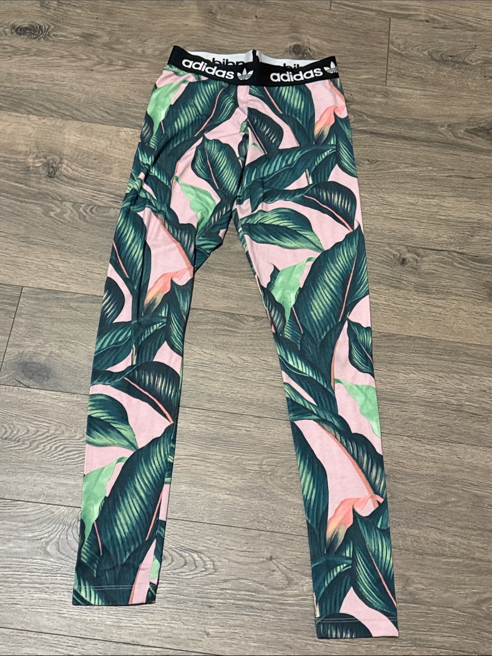 adidas Pink Leggings with Green Tropical Leaf Print and Black Logo Waistband